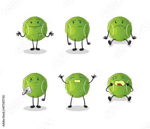 tennis ball sad group character. cartoon mascot vector