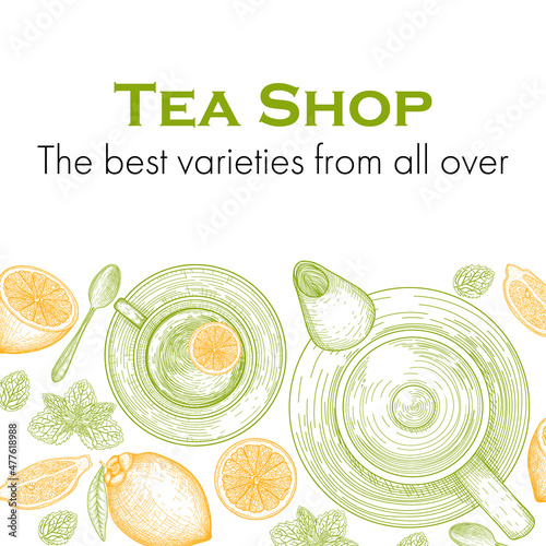 Vector illustration of a banner template for a teahouse. Graphic linear tea in a cup, teapot, spoon, lemon slices and slices, mint leaves