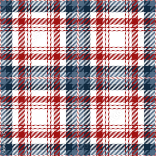 Red, blue and white tartan plaid. Scottish pattern fabric swatch close-up. 