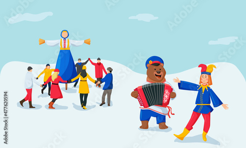 Slavic "Maslenitsa" holiday, a round dance around a scarecrow, a bear with a harlequin, folk festivities