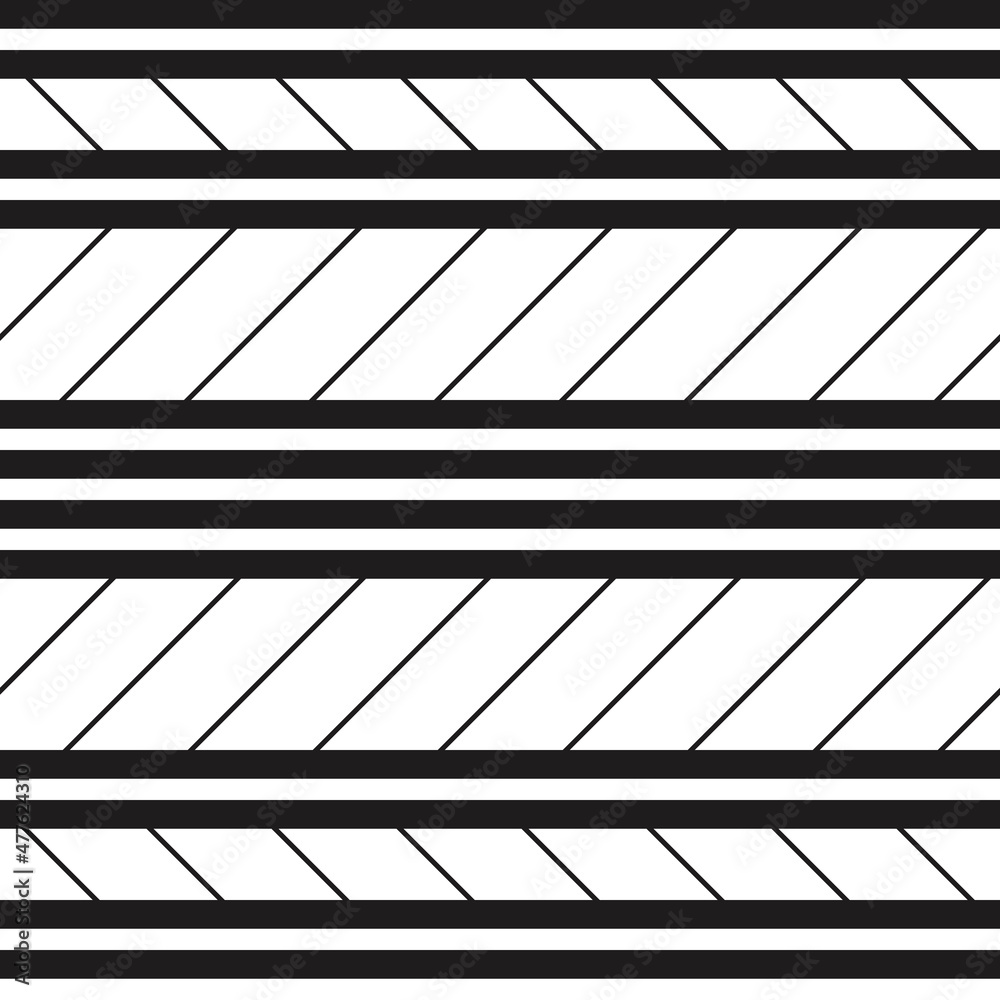 Black horizontal lines with diagonal edges. Vector with a primitive pattern of lines and a white background. Can be used seamlessly.