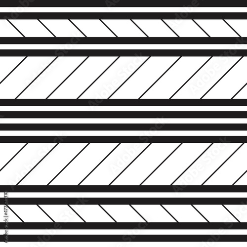 Black horizontal lines with diagonal edges. Vector with a primitive pattern of lines and a white background. Can be used seamlessly.