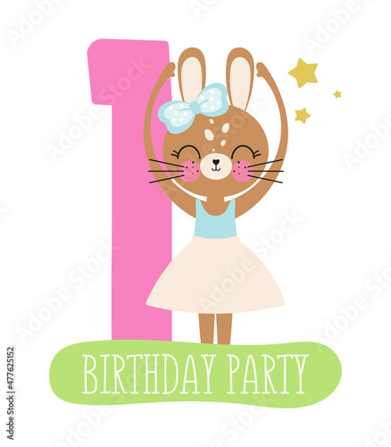 Birthday Party, Greeting Card, Party Invitation. Kids illustration with Cute Rabbit Ballerina and with the inscription one. Vector illustration in cartoon style.