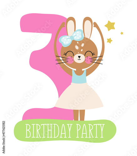 Birthday Party, Greeting Card, Party Invitation. Kids illustration with Cute Rabbit Ballerina and with the inscription three. Vector illustration in cartoon style.