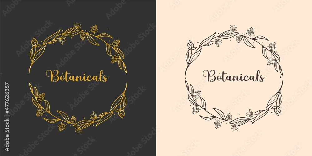 Vector floral hand drawn logo template in elegant and minimal style with gold color and black color line. Circle frames logos. For badges, labels, logotypes and branding business identity. Vector floral hand drawn logo template in elegant and minimal style with gold color and black color line. Circle frames logos. For badges, labels, logotypes and branding business identity.