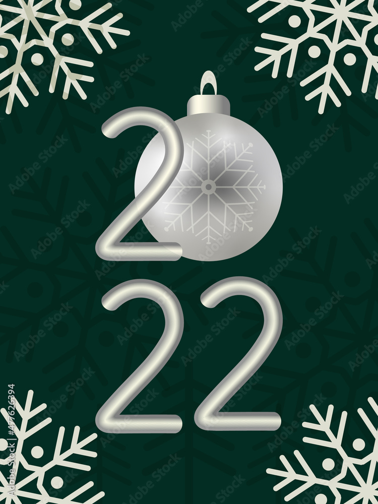 62nd Day Before Christmas 2022 Merry Christmas And Happy New Year Greeting Card With Silver Ball And  Snowflakes. Winter Holiday Poster With Numbers 2022 On Emerald Background.  Stock Illustration | Adobe Stock
