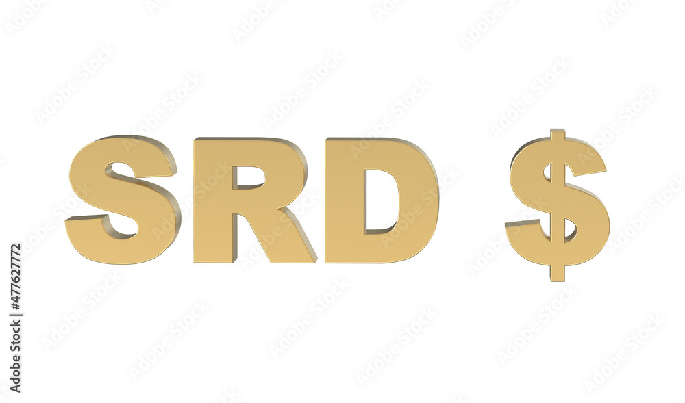 Currency symbol of Suriname , Surinamese dollar sign in Gold - 3d rendering, 3d Illustration Currency symbol of Suriname , Surinamese dollar sign in Gold - 3d rendering, 3d Illustration