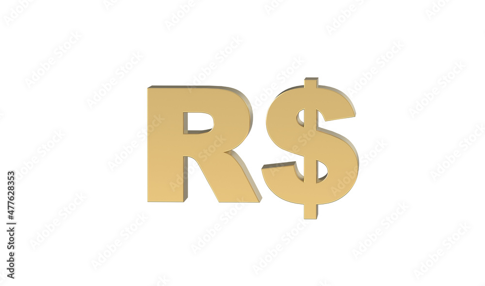 Currency symbol of Brazil, brazil real sign in Gold - 3d rendering, 3d Illustration Currency symbol of Brazil, brazil real sign in Gold - 3d rendering, 3d Illustration