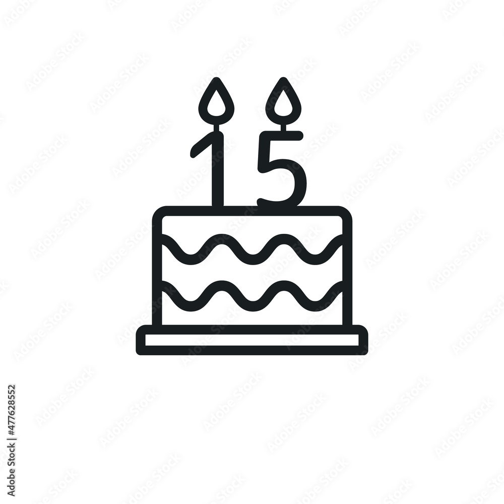 Birthday cake lined icon with candle number 15. Vector.