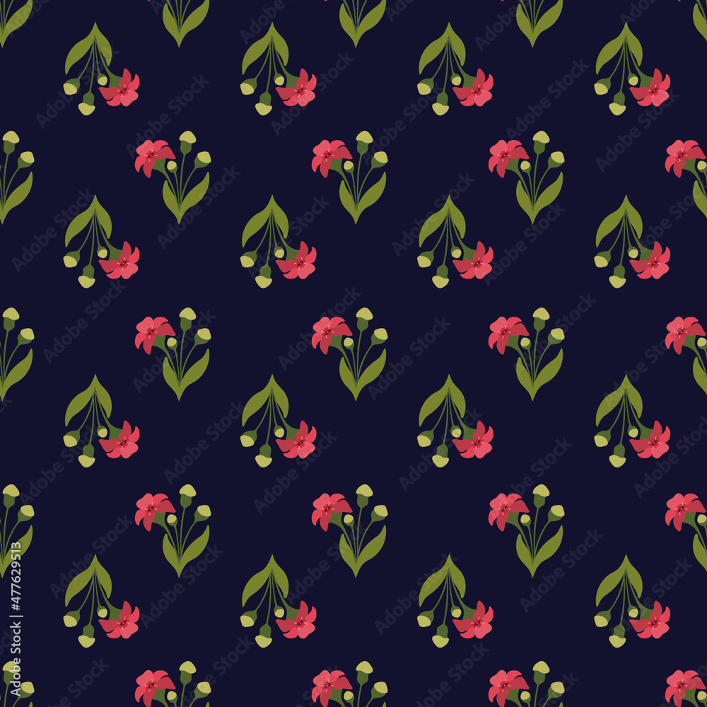 Fototapeta premium Pink and Green Floral Motifs Arranged on Dark Blue Background for Textile, Wallpaper, Upholstery, Home Decor products