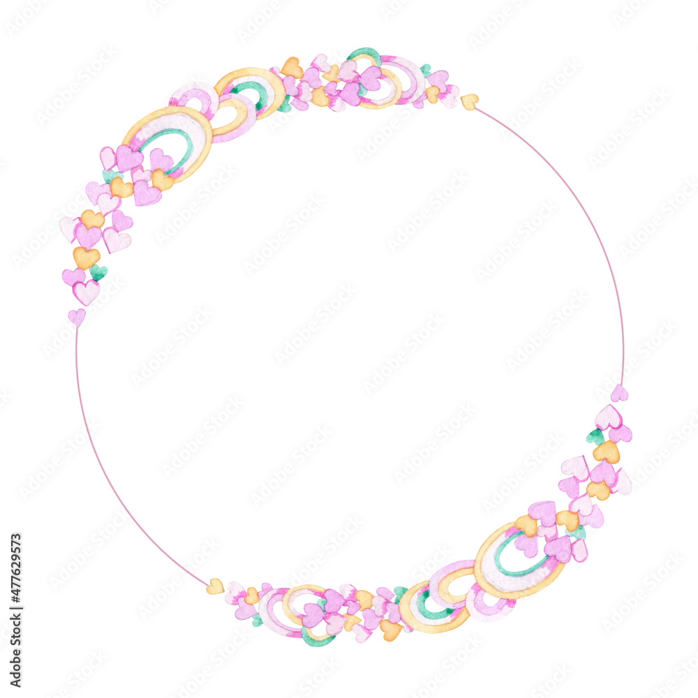 Frame, gentle rainbows and hearts. Wreath with place for text. Hand drawn watercolor painting isolated on white background. For congratulations with love.