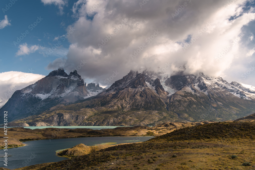 Snowy Mountain Tops of Torres Del Paine in Chile