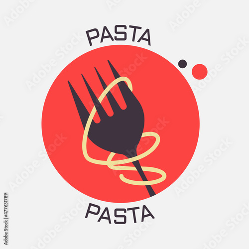 A long string of pasta wrapping around a fork. Pasta icon. Flat style. Isolated on white background. 
