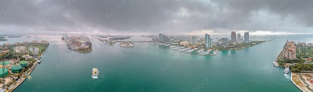 Drone panorama over Miami harbor and cruise ship terminal