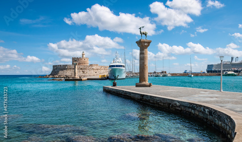 Mandraki harbor of Rhodes, Greece.