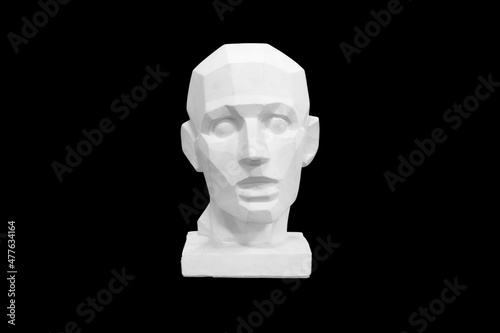 angular plaster man head isolated on black background