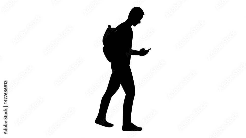 Black Silhouette man looking at smartphone on hand isolated on white background