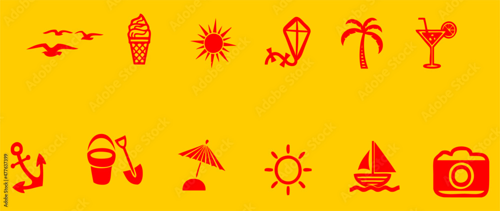 Beach, travel, holiday, and summer icons set on white background, Black silhouettes