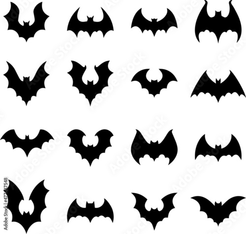 Set of Silhouettes of Bats  Bats different icon and logos in different postures