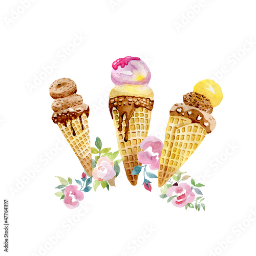 Chocolate Strawberry Berry Ice Cream Cone Rose Flowers Watercolor Square Composition