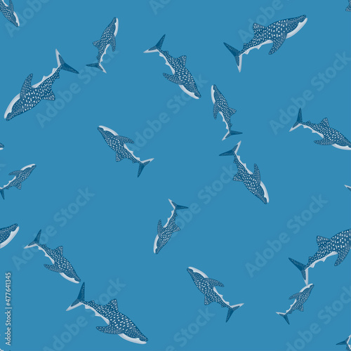 Whale shark seamless pattern in scandinavian style. Marine animals background. Vector illustration for children funny textile. © Lidok_L