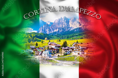 Alps landscape in Cortina D' Ampezzo on Italian flag illustration, idyllic mountain peaks of Dolomites photo