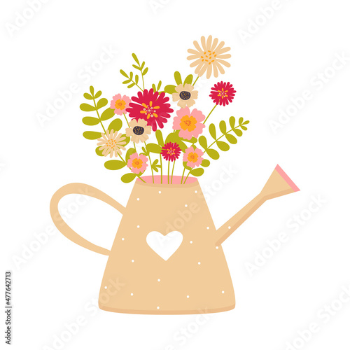 Flower bouquet in the yellow watering can. Cute flat hand drawn cartoon style vector illustration isolated on white background. Valentine's day vector illustration for design.