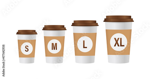 Flat template with size coffee cups on white background for paper design. Mockup template. Flat line vector illustration.