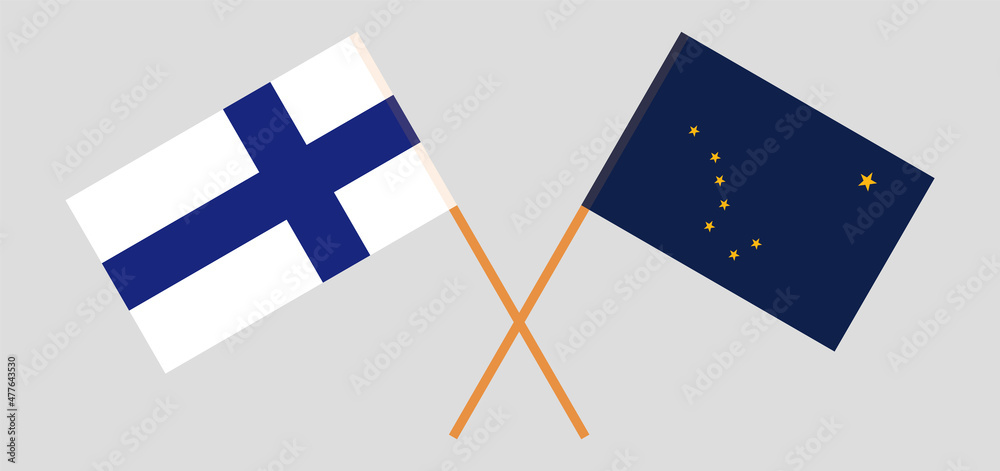 Crossed flags of Finland and the State of Alaska. Official colors. Correct proportion