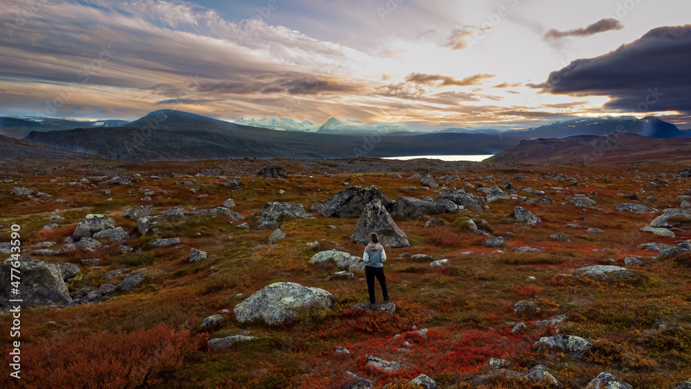 Traveller watches snowy mountain peaks of Sarek at the sunset. Scandinavian autumn landscape. Kungsleden trail, Sweden