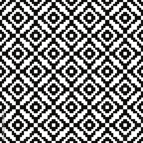 Pixelated black rhombuses. Vector primitive diamond textures. Seamless pixels squares.