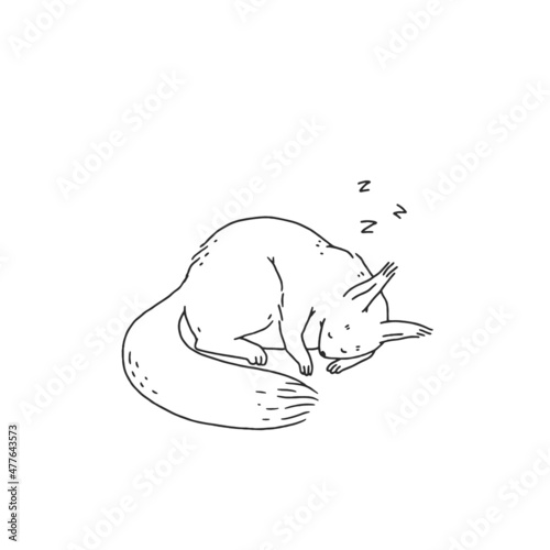 squirrel sleep. Cartoon outline black white sketch illustration of cute animal character.