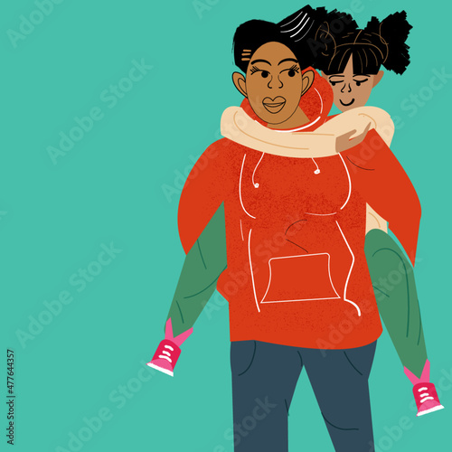 illustration of a gay woman giving her daughter a piggyback ride