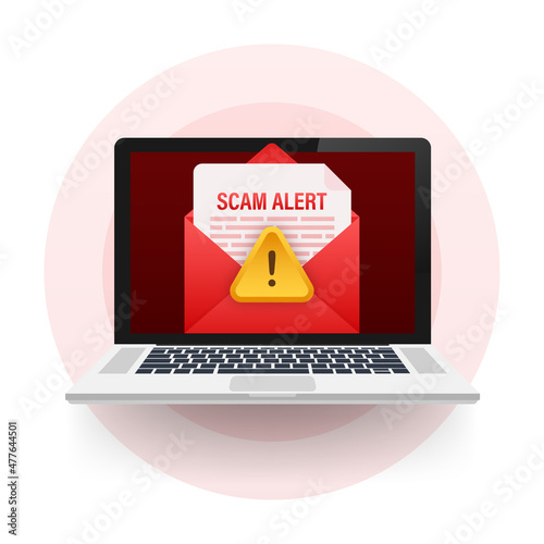 Scam alert. Hacker attack and web security vector concept, phishing scam. Network and internet security. Vector illustration.