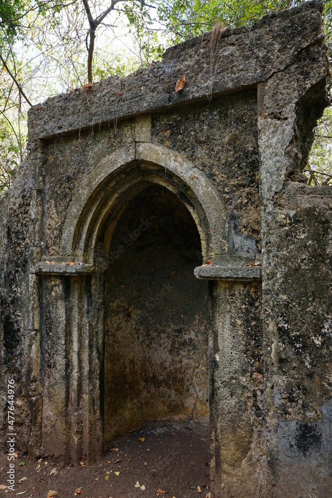 Beautiful archway in the Gedi ruins in Watamu