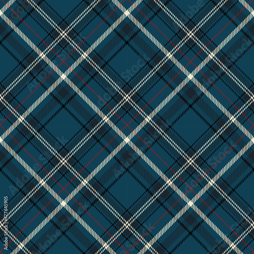 Scottish tartan plaid with squared pattern. Textured seamless in blue, white, black and red for fabric design