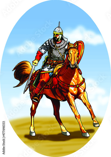 A knight riding a horse holding a sword