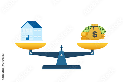 Illustration with money vs house for concept design. Business concept. Financial investment. Vector illustration.