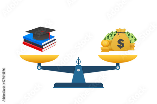 Concept of investment in education with coins books and scales. Vector stock illustration.