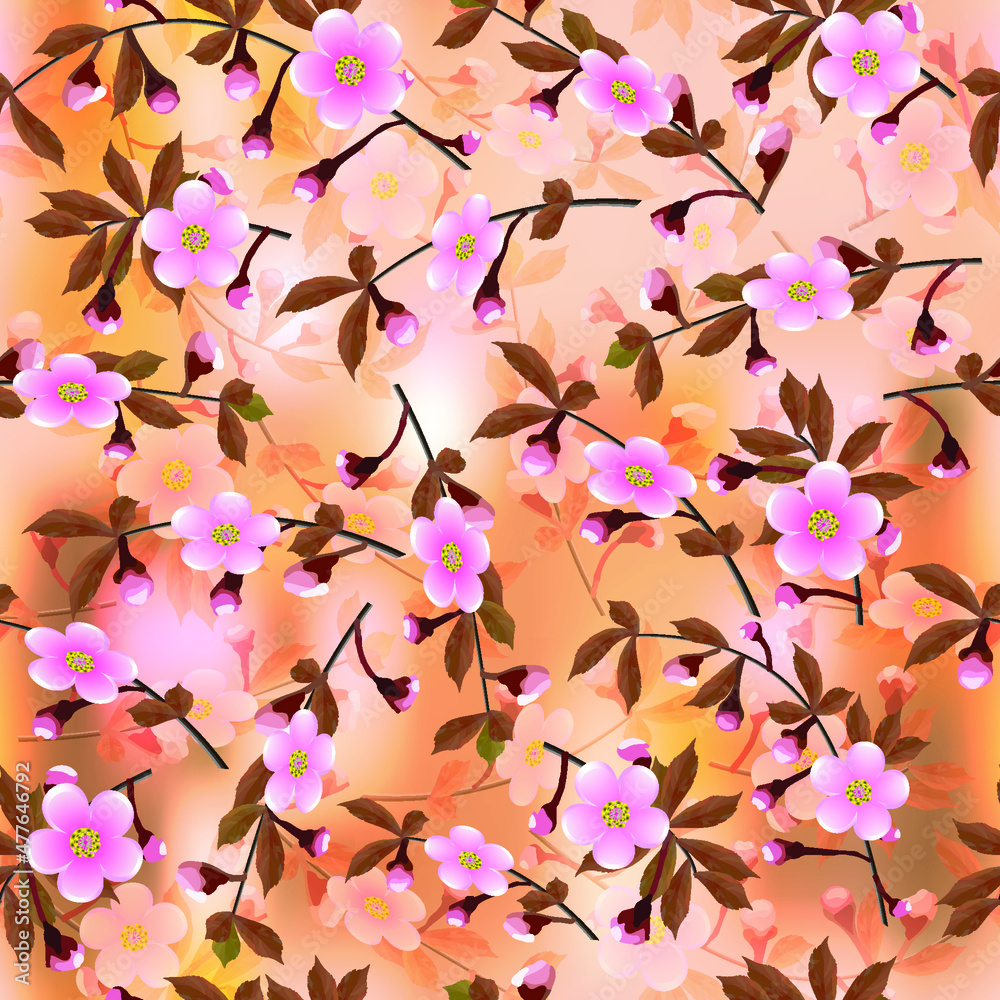 Cherry branches pink blooming on brown abstract background. Transparent Sakura flowers seamless texture. Vector