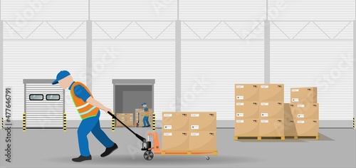 A working loader moves pallets with crates using a hand pallet truck. Sorting of goods. Storage equipment. Vector illustration.