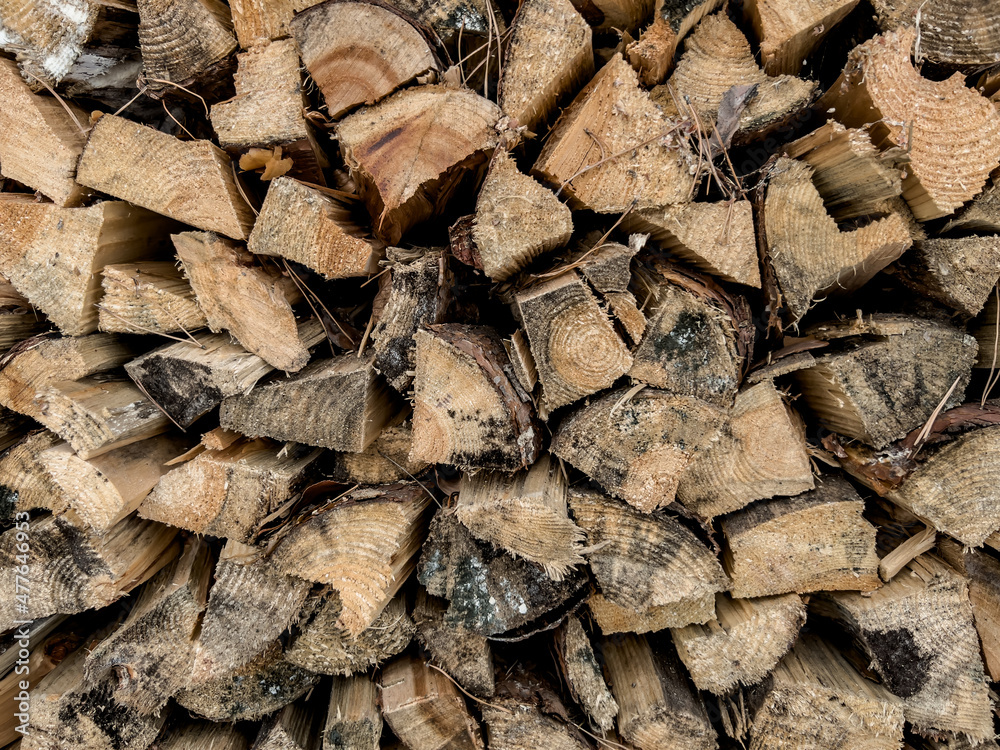 firewood cut, split into pieces and stacked as a background