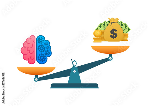 For concept design. Vector illustration of mechanism to compare value of brainwork and money on scales.Mental health concept.