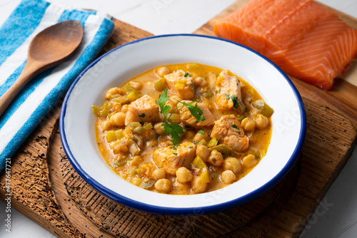 Chickpea soup with salmon.