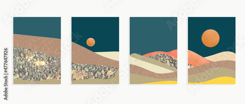 mountain landscape  with moon, wall art earth tones landscapes vector backgrounds set 