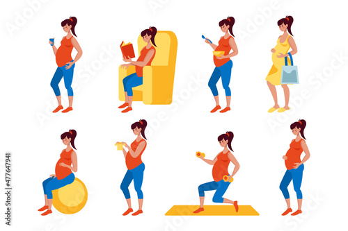 Daily life of pregnant cartoon woman vector illustrations set. Happy female character eating, doing exercises, future mom sitting and reading on white background. Pregnancy, motherhood concept