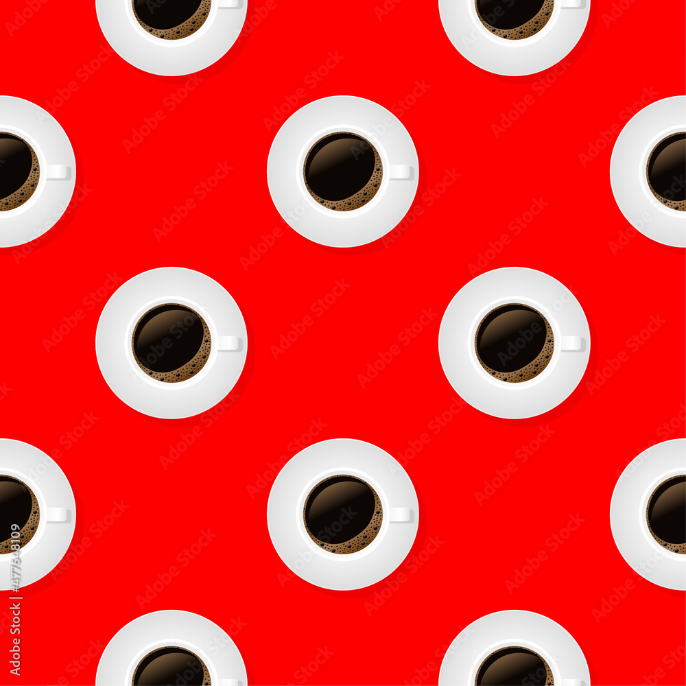 Hot coffee in a white cup and saucer pattern. Vector illustration.