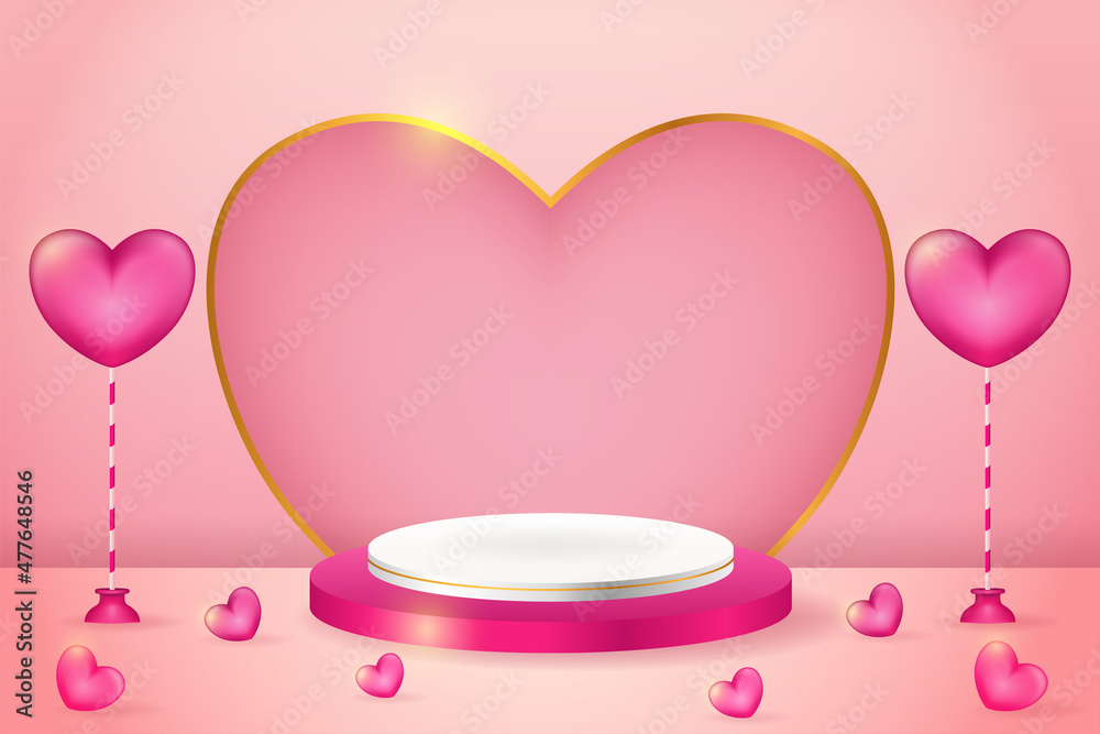 Happy valentine's day sale 3d product display pink podium with realistic hearth or love