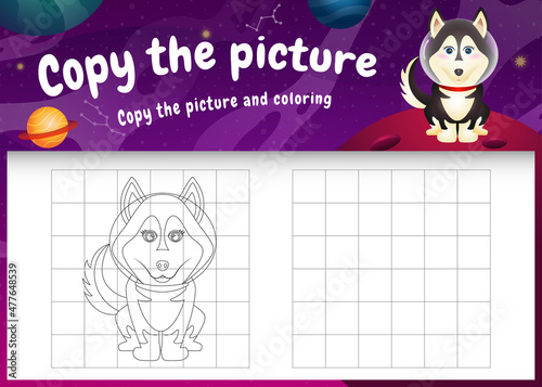 copy the picture kids game and coloring page with a cute husky dog in the space galaxy