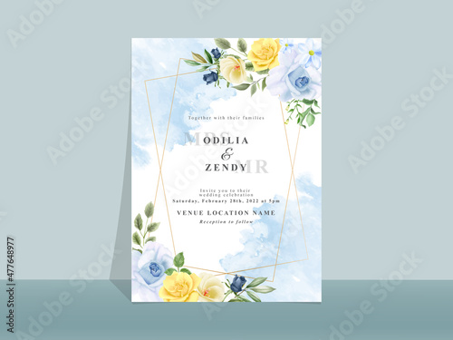 Wedding invitation card with beautiful blue and yellow flowers